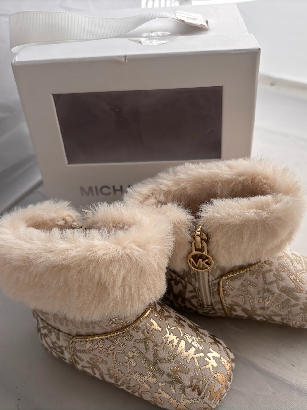 Michael Kors Baby Faux-Fur Trim Gold Logo Booties - Size 3